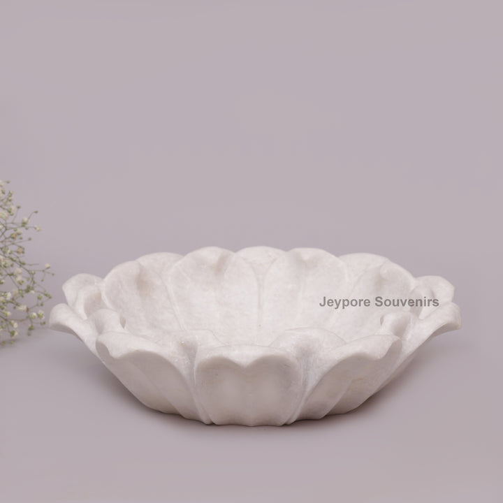 Hand-Carved White Marble Lotus Bowl with Petal Design