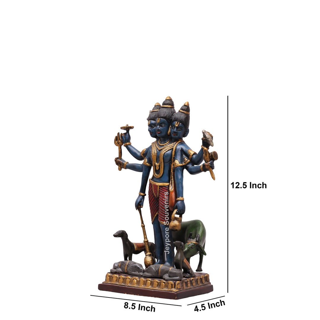 12" Handcrafted Brass Lord Dattatreya Statue with Hand-Painted Finish