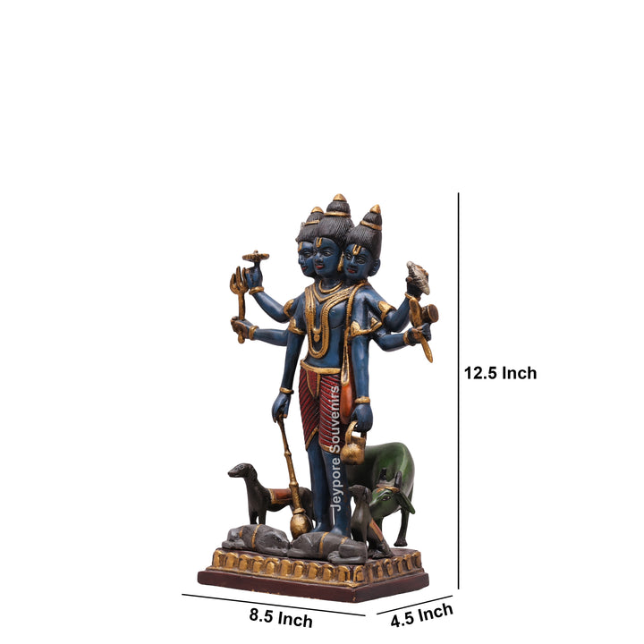 12" Handcrafted Brass Lord Dattatreya Statue with Hand-Painted Finish
