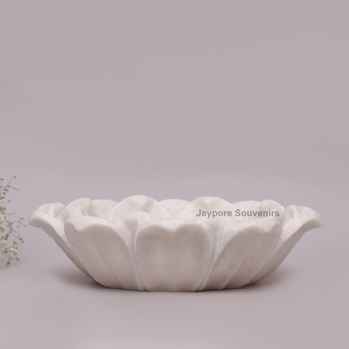 Hand-Carved White Marble Lotus Bowl with Petal Design
