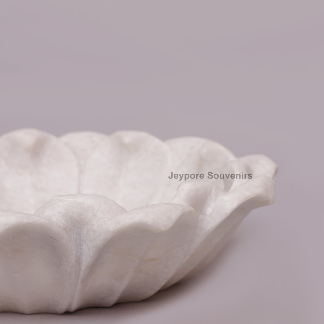Hand-Carved White Marble Lotus Bowl with Petal Design