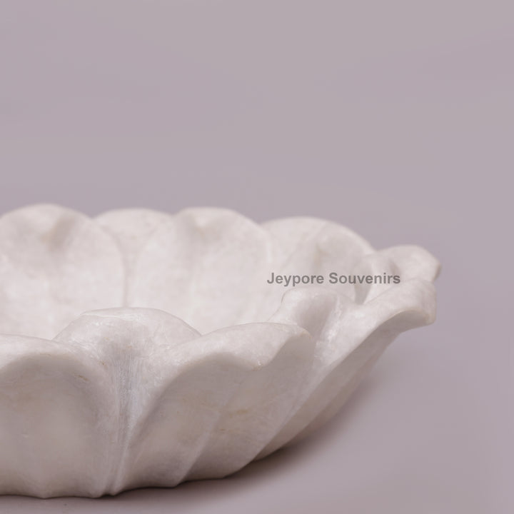Hand-Carved White Marble Lotus Bowl with Petal Design
