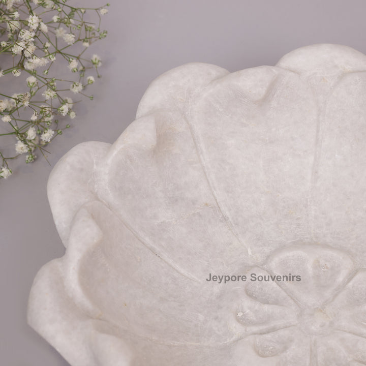 Hand-Carved White Marble Lotus Bowl with Petal Design
