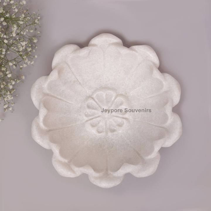 Hand-Carved White Marble Lotus Bowl with Petal Design