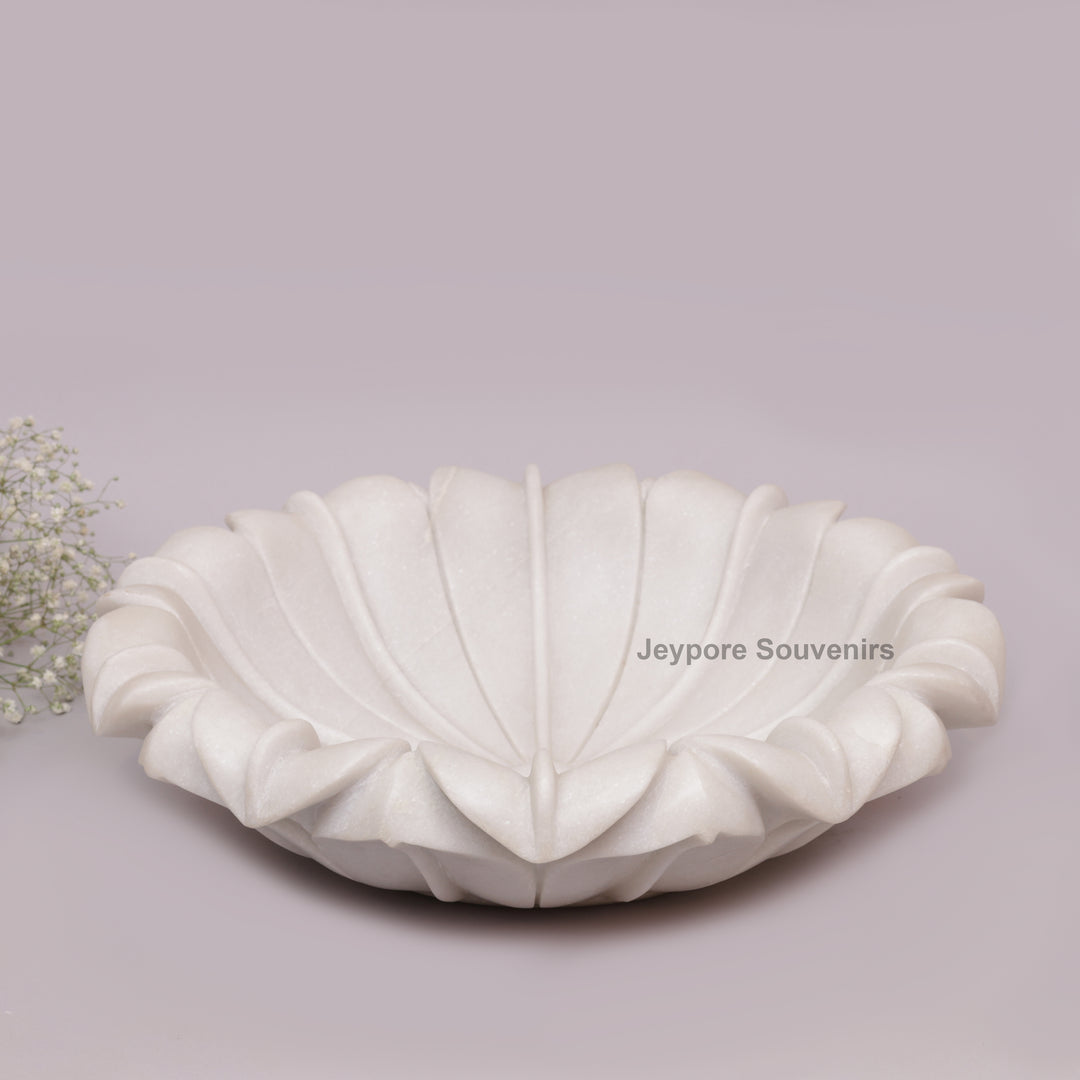 Hand-Carved White Marble Lotus Uruli Bowl with Fluted Petal Edges