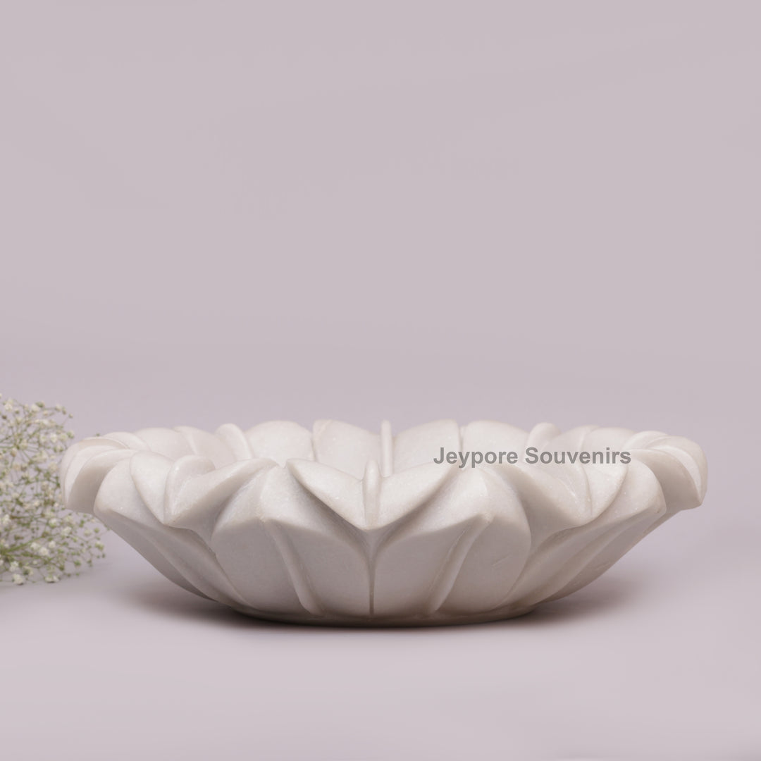 Hand-Carved White Marble Lotus Uruli Bowl with Fluted Petal Edges