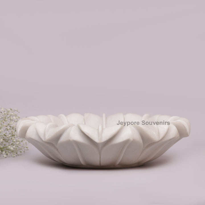 Hand-Carved White Marble Lotus Uruli Bowl with Fluted Petal Edges