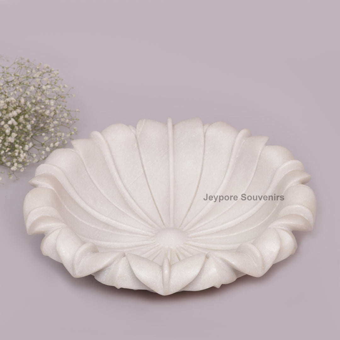 Hand-Carved White Marble Lotus Uruli Bowl with Fluted Petal Edges