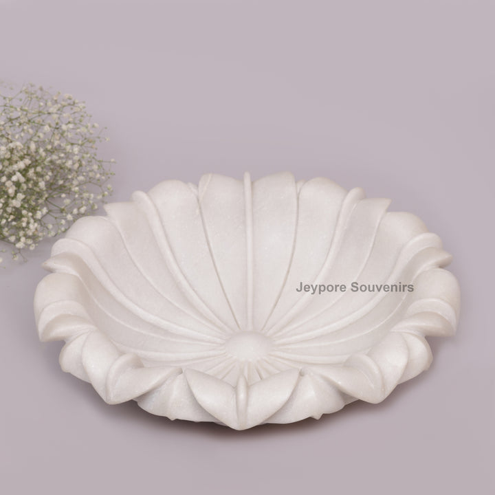 Hand-Carved White Marble Lotus Uruli Bowl with Fluted Petal Edges