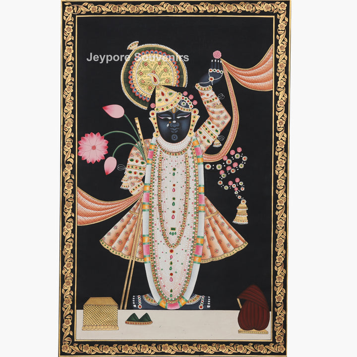 Shrinathji with Lotus &amp; Floral Ornaments on Black Background - Painting