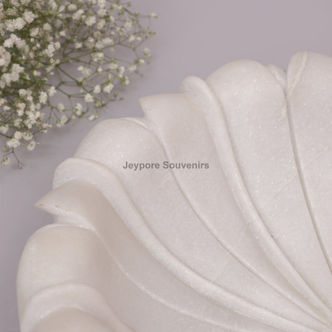 Hand-Carved White Marble Lotus Uruli Bowl with Fluted Petal Edges
