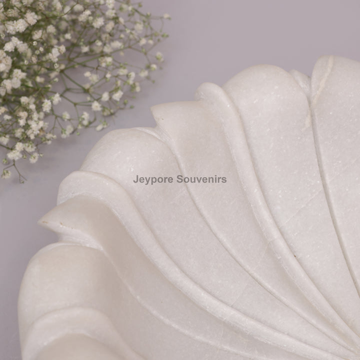 Hand-Carved White Marble Lotus Uruli Bowl with Fluted Petal Edges