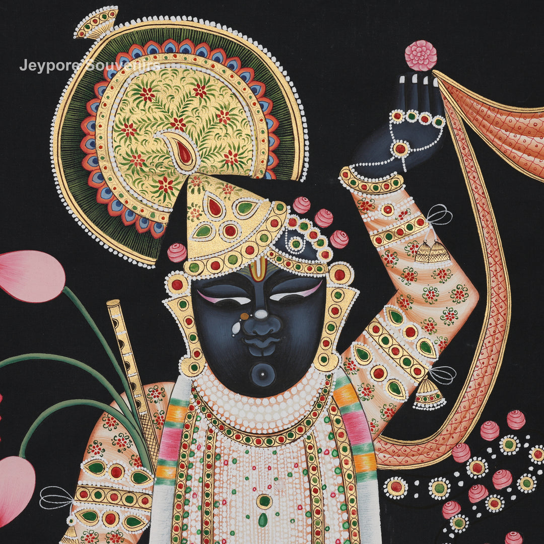 Shrinathji with Lotus &amp; Floral Ornaments on Black Background - Painting