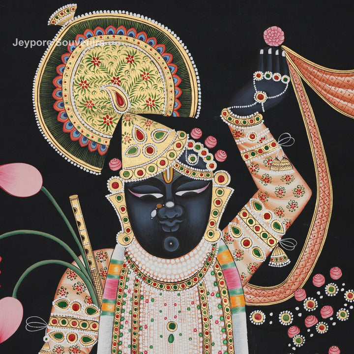 Shrinathji with Lotus &amp; Floral Ornaments on Black Background - Painting