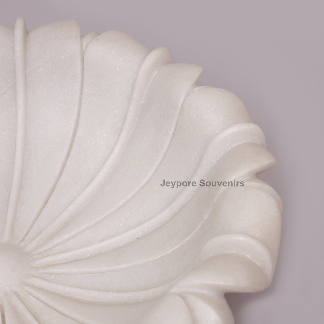 Hand-Carved White Marble Lotus Uruli Bowl with Fluted Petal Edges