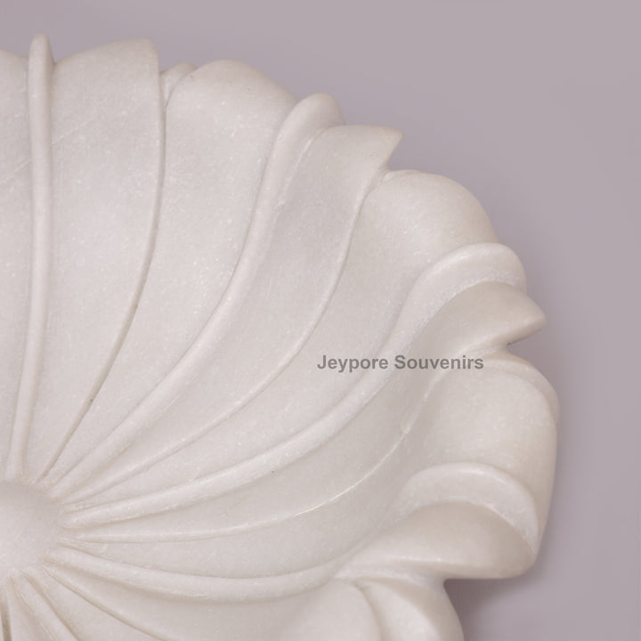 Hand-Carved White Marble Lotus Uruli Bowl with Fluted Petal Edges