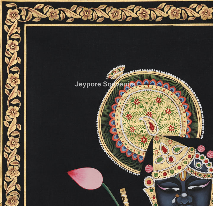 Shrinathji with Lotus &amp; Floral Ornaments on Black Background - Painting