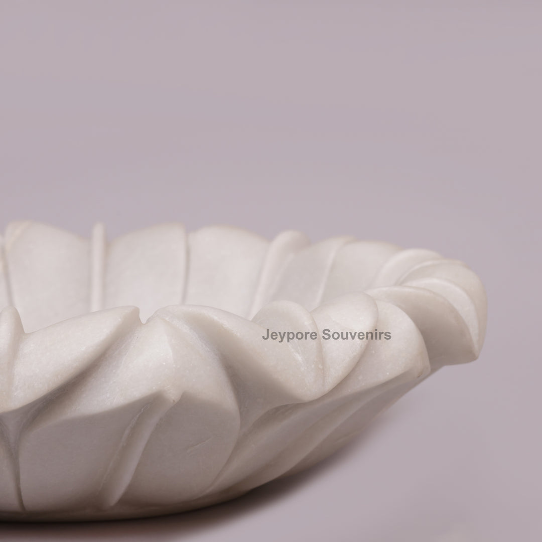 Hand-Carved White Marble Lotus Uruli Bowl with Fluted Petal Edges