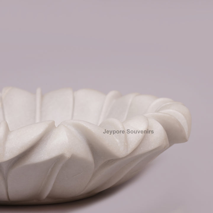 Hand-Carved White Marble Lotus Uruli Bowl with Fluted Petal Edges