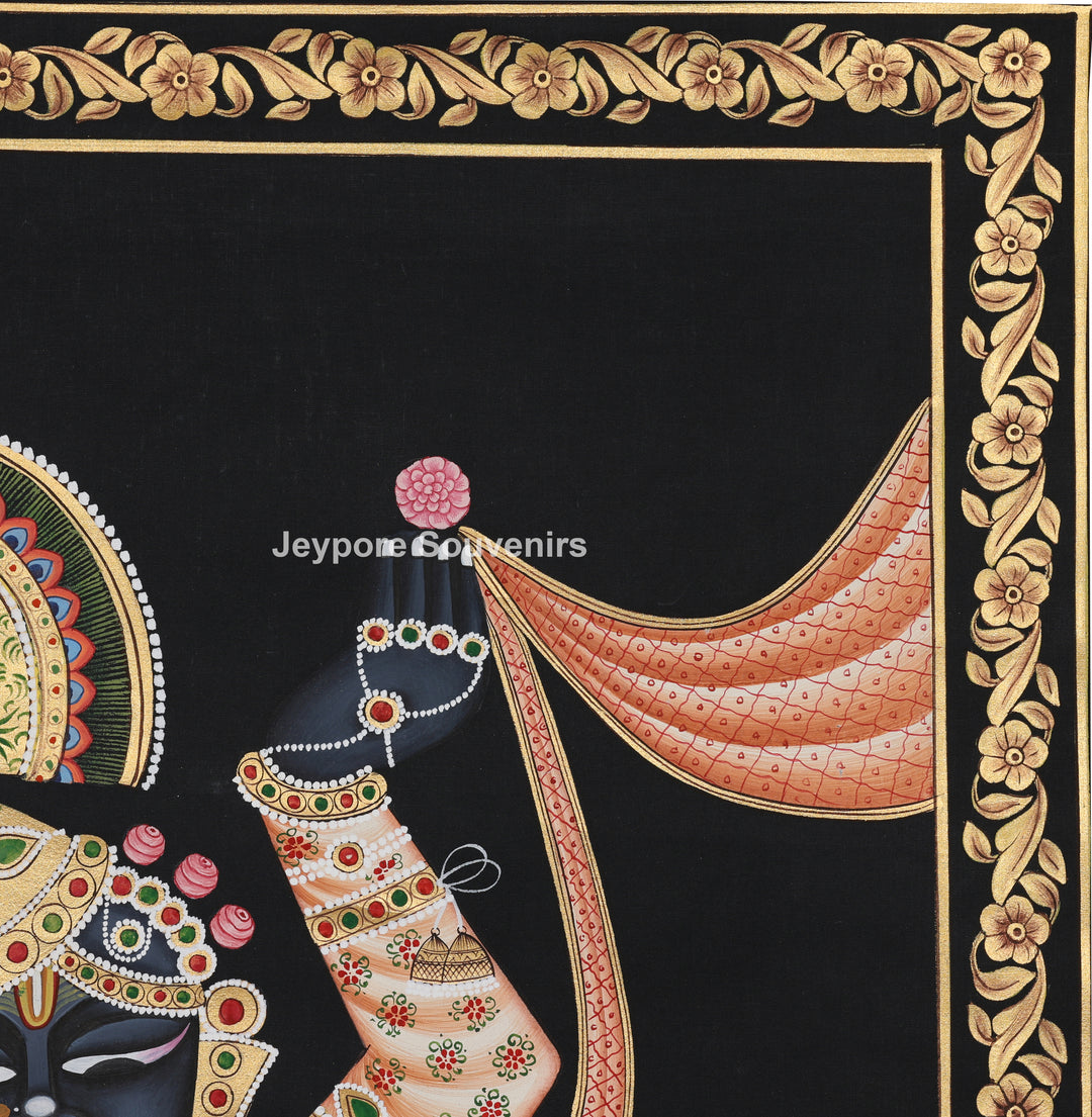 Shrinathji with Lotus &amp; Floral Ornaments on Black Background - Painting