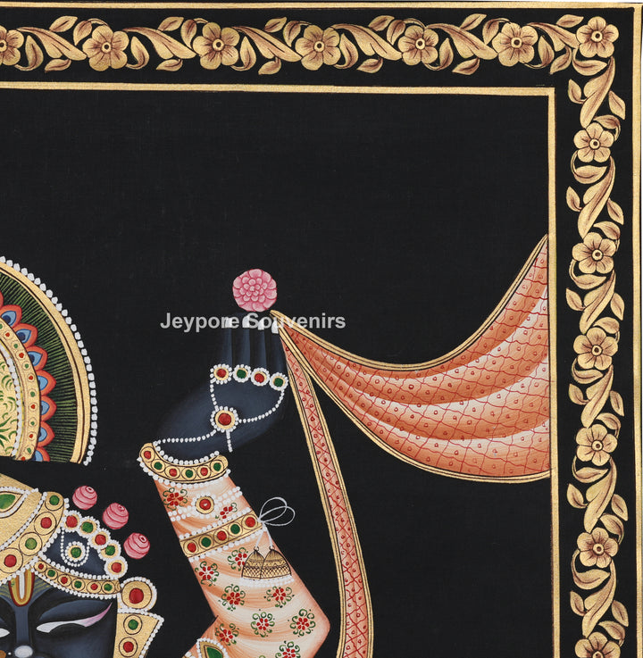 Shrinathji with Lotus &amp; Floral Ornaments on Black Background - Painting