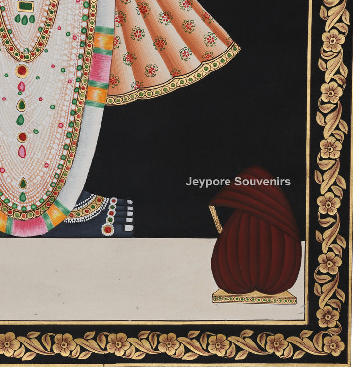 Shrinathji with Lotus &amp; Floral Ornaments on Black Background - Painting
