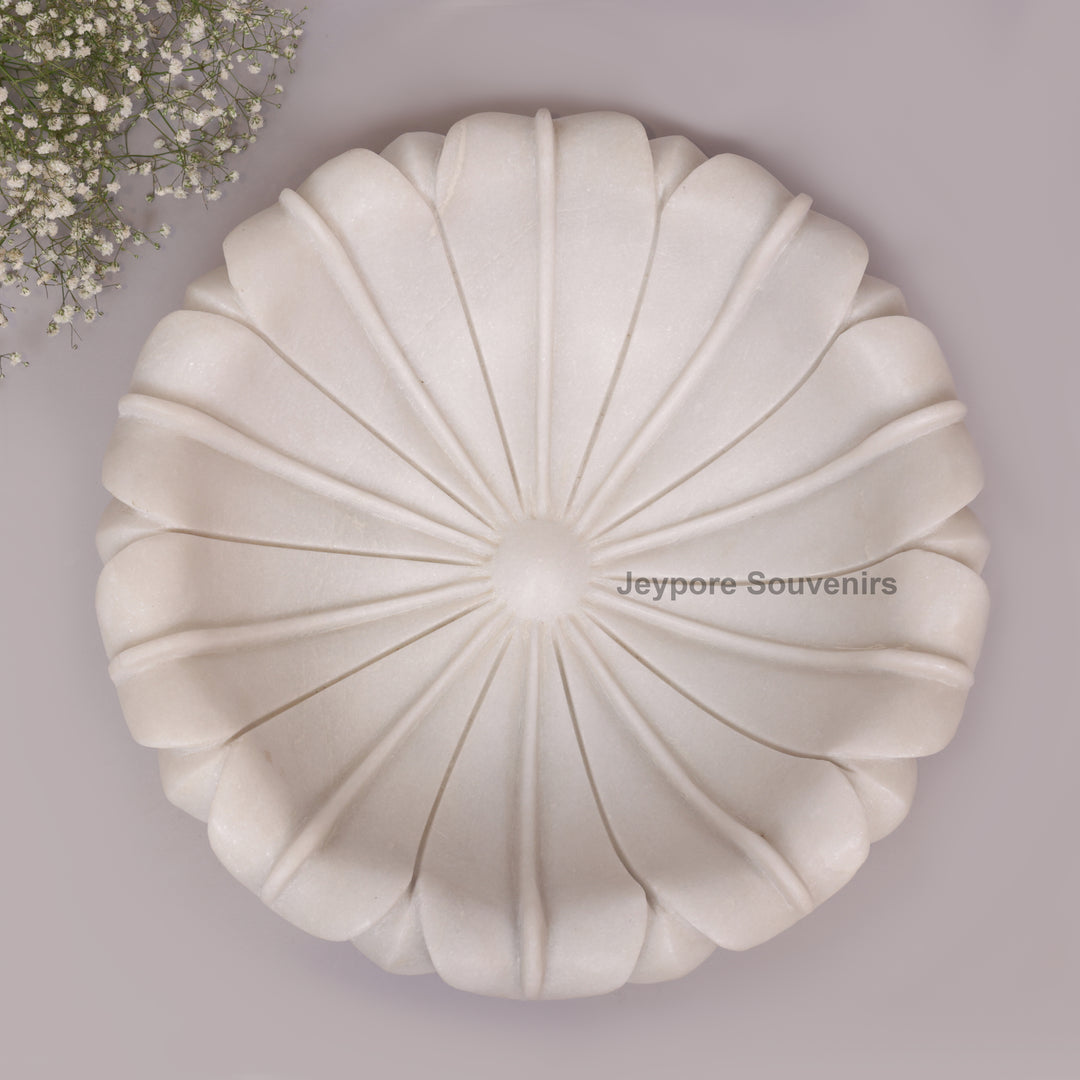 Hand-Carved White Marble Lotus Uruli Bowl with Fluted Petal Edges
