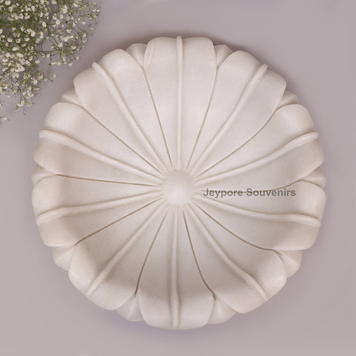 Hand-Carved White Marble Lotus Uruli Bowl with Fluted Petal Edges