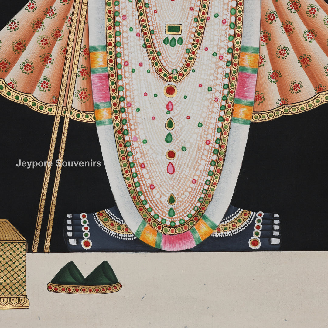 Shrinathji with Lotus &amp; Floral Ornaments on Black Background - Painting