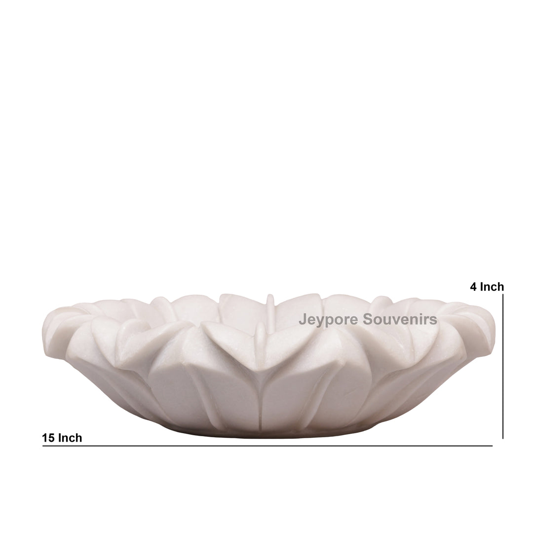 Hand-Carved White Marble Lotus Uruli Bowl with Fluted Petal Edges