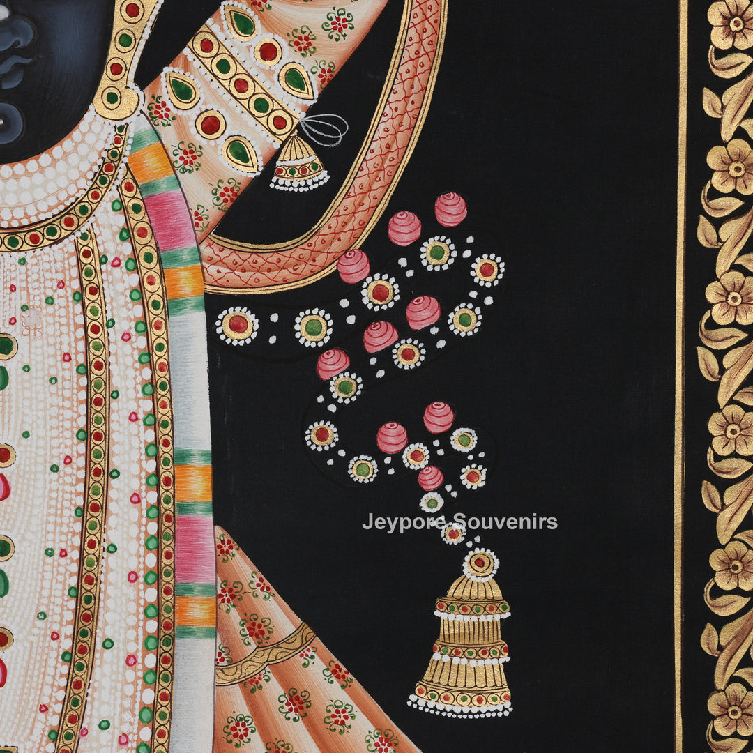 Shrinathji with Lotus &amp; Floral Ornaments on Black Background - Painting