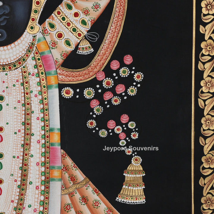 Shrinathji with Lotus &amp; Floral Ornaments on Black Background - Painting