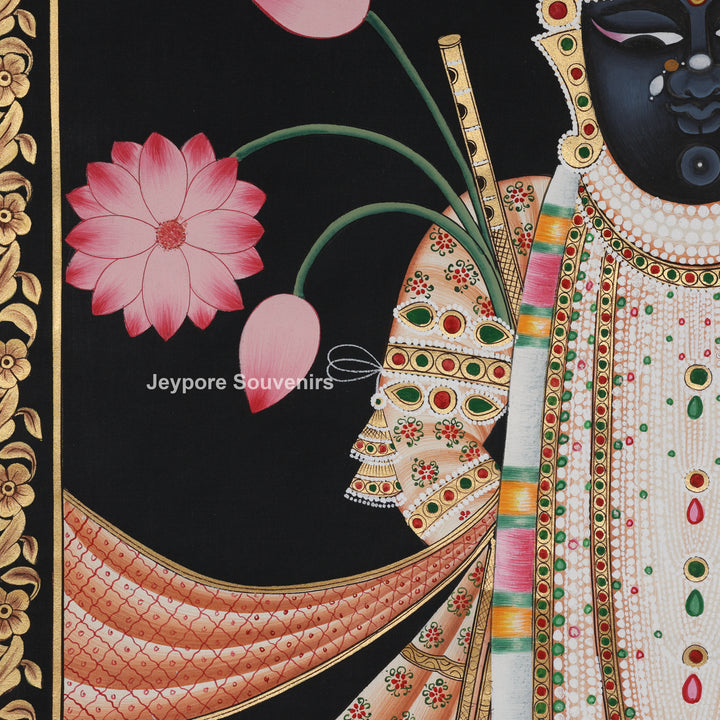 Shrinathji with Lotus &amp; Floral Ornaments on Black Background - Painting