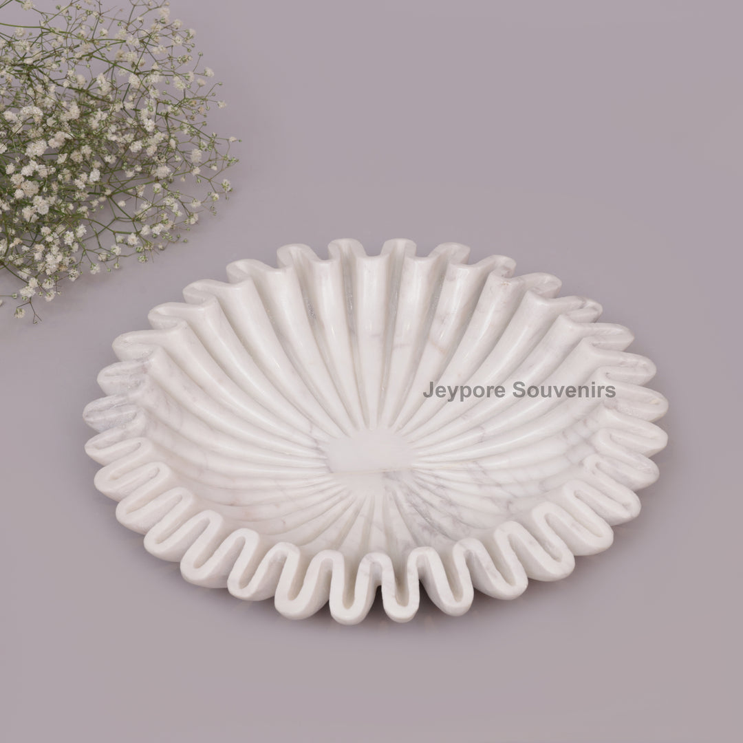 Handcrafted White Marble Ruffle Bowl with Scalloped Fluted Edge