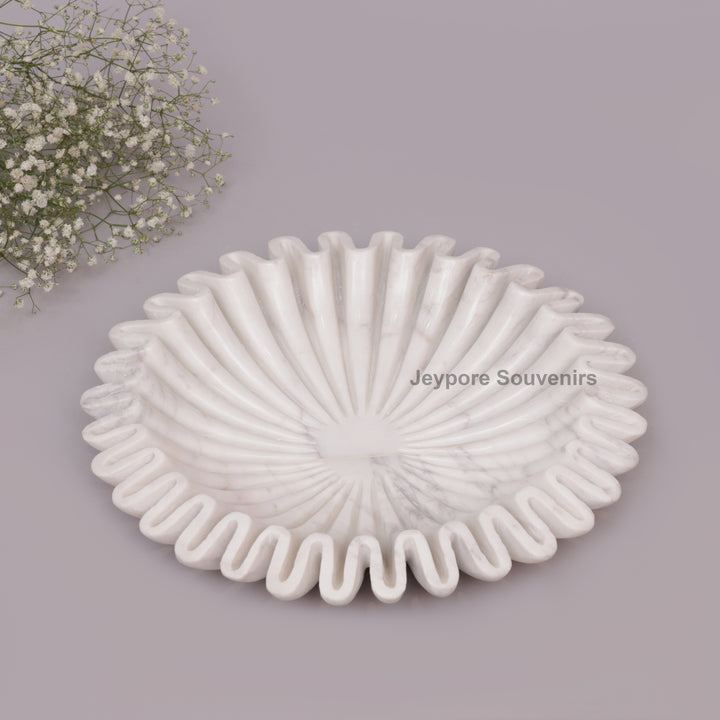 Handcrafted White Marble Ruffle Bowl with Scalloped Fluted Edge