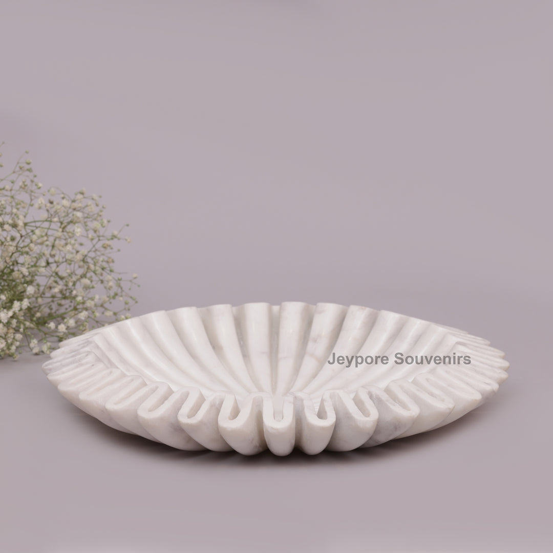Handcrafted White Marble Ruffle Bowl with Scalloped Fluted Edge