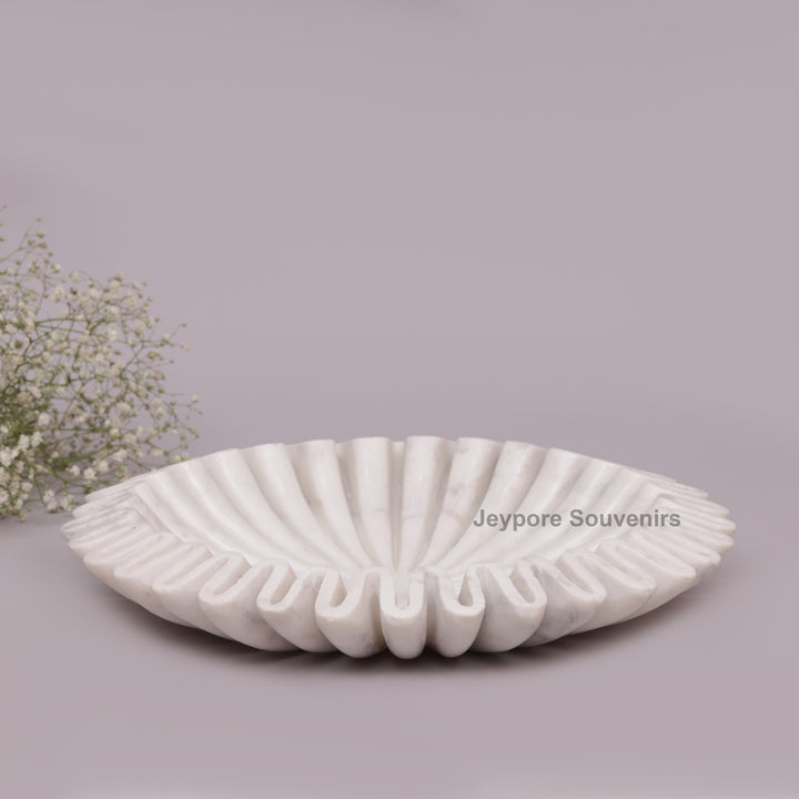 Handcrafted White Marble Ruffle Bowl with Scalloped Fluted Edge