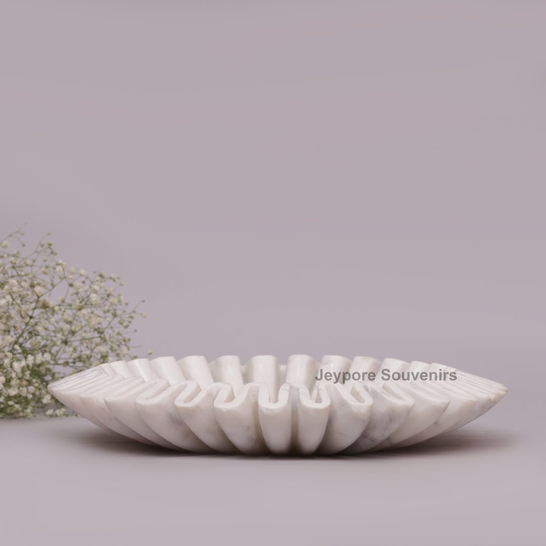 Handcrafted White Marble Ruffle Bowl with Scalloped Fluted Edge