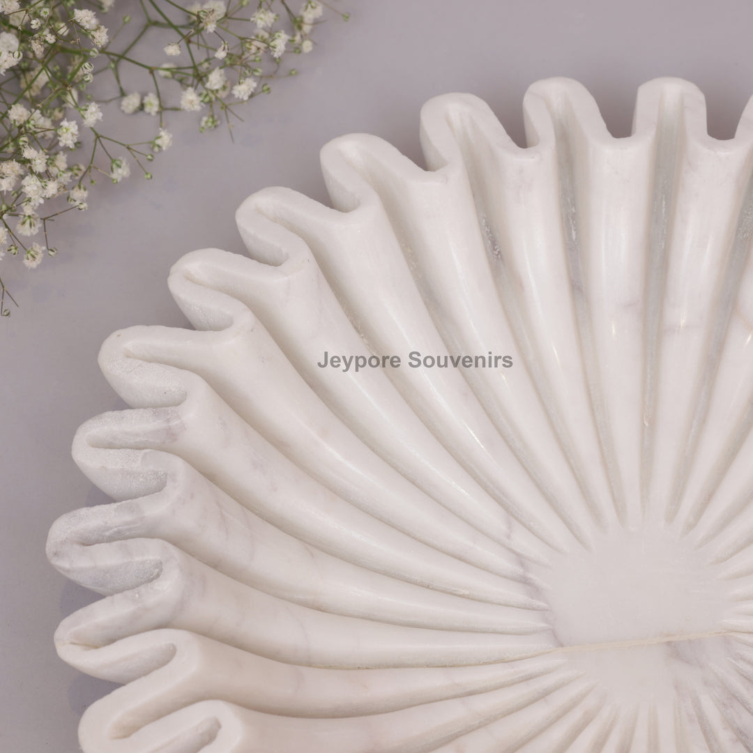Handcrafted White Marble Ruffle Bowl with Scalloped Fluted Edge