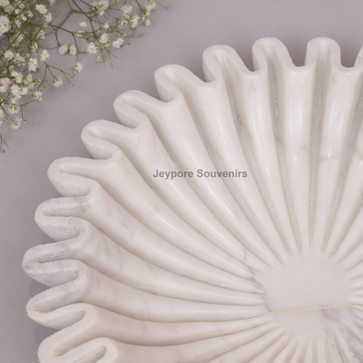 Handcrafted White Marble Ruffle Bowl with Scalloped Fluted Edge