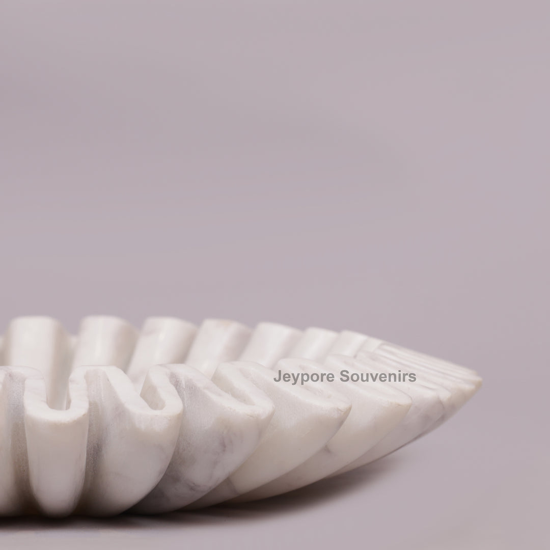 Handcrafted White Marble Ruffle Bowl with Scalloped Fluted Edge