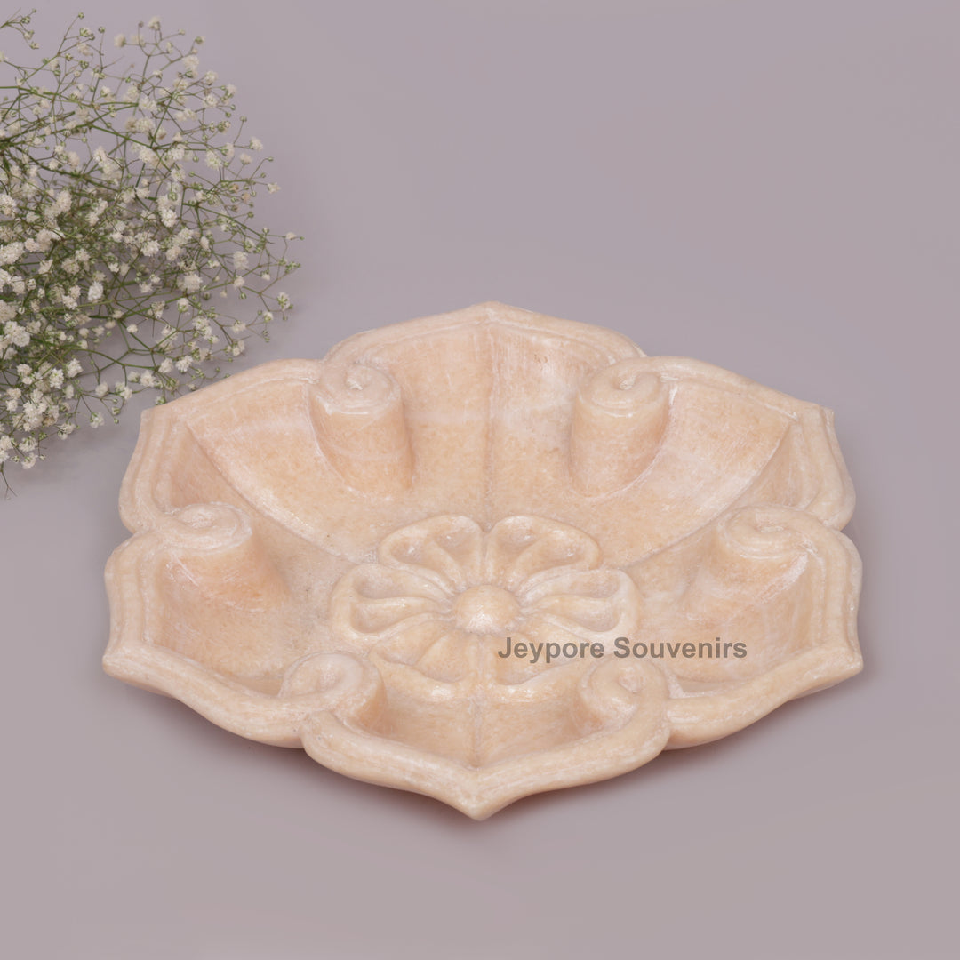Hand-Carved Pink Marble Lotus Bowl with Floral Center Petal Edges