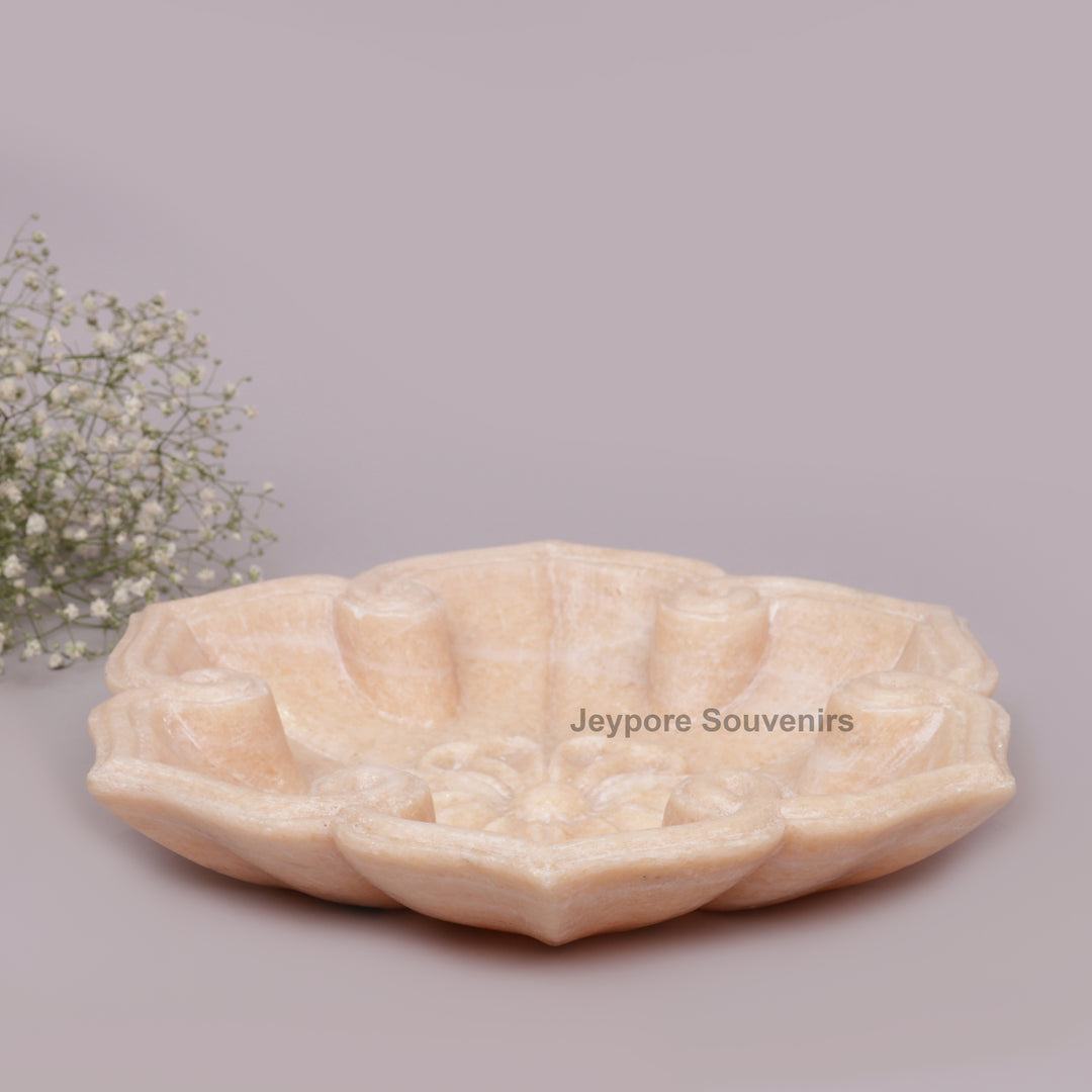 Hand-Carved Pink Marble Lotus Bowl with Floral Center Petal Edges