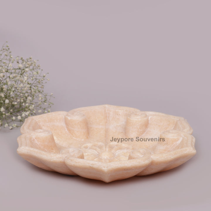Hand-Carved Pink Marble Lotus Bowl with Floral Center Petal Edges