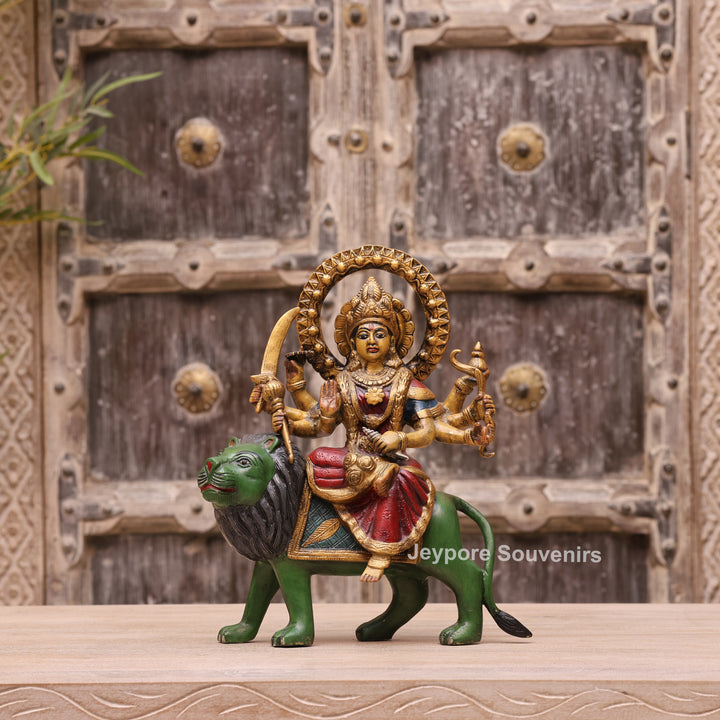 13" Handcrafted Brass Goddess Durga Idol on Lion