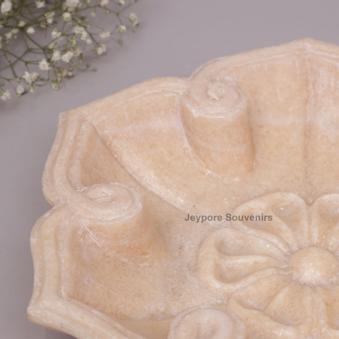 Hand-Carved Pink Marble Lotus Bowl with Floral Center Petal Edges