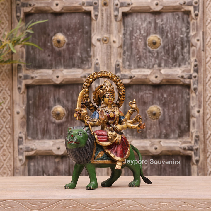 13" Handcrafted Brass Goddess Durga Idol on Lion