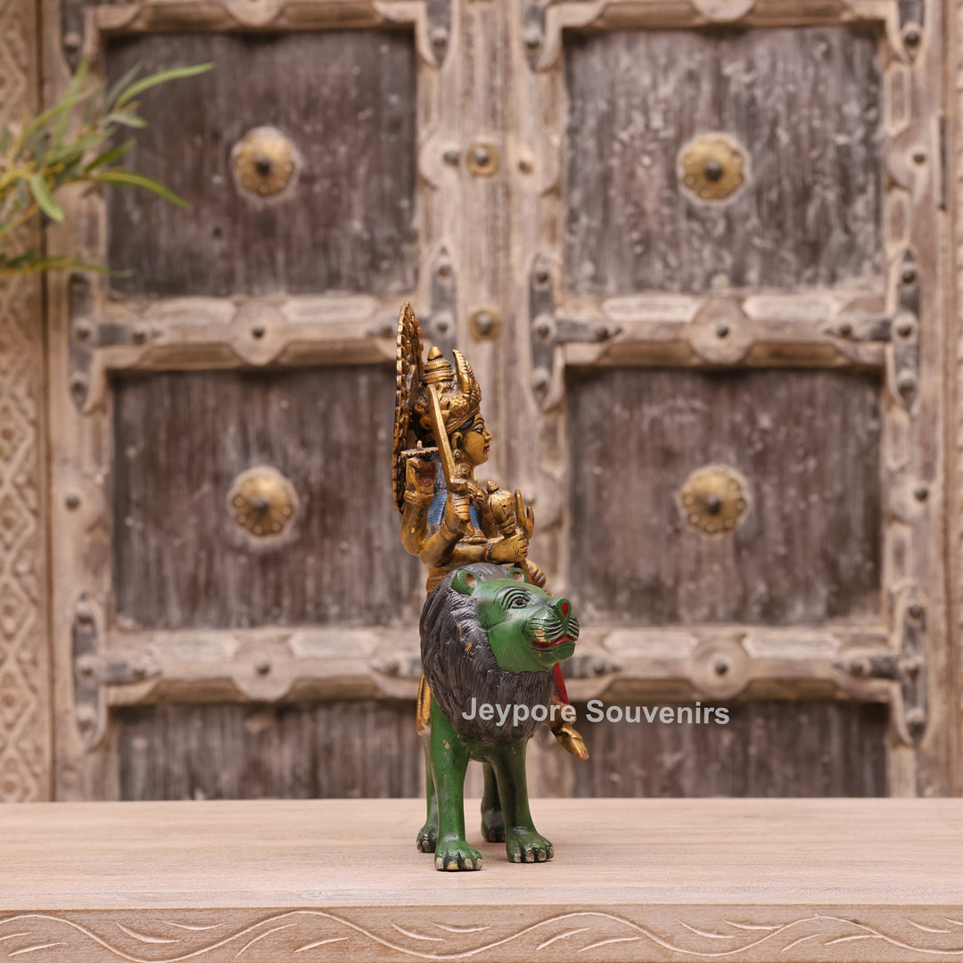 13" Handcrafted Brass Goddess Durga Idol on Lion
