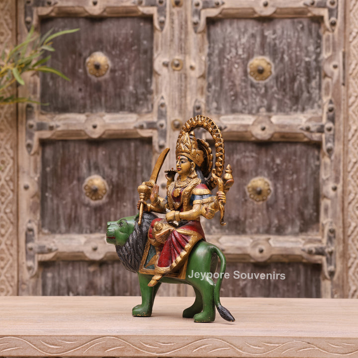 13" Handcrafted Brass Goddess Durga Idol on Lion