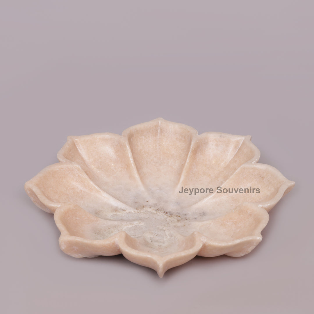 Hand-Carved Pink Marble Lotus Flower Bowl with Scalloped Petal Design